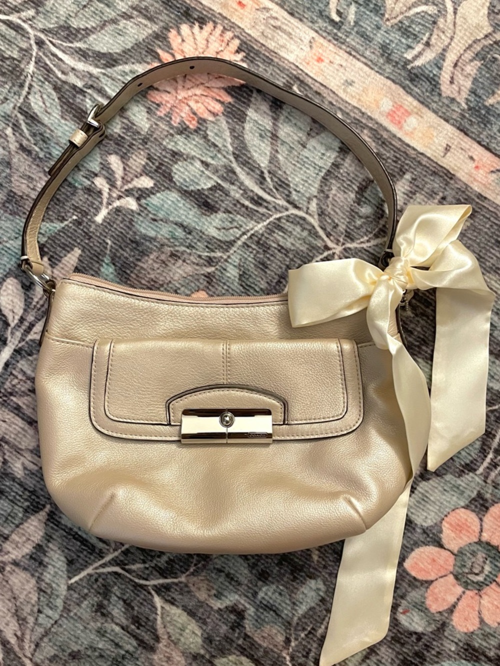 Coach Pearl Cream Leather Shoulder Bag with Satin Bow